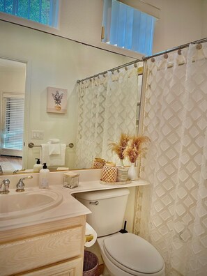 A great size bathroom with natural lighting from the windows above.