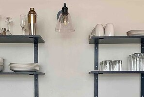 Modern, open shelving lends an airiness