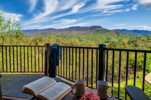 Soak in the majestic beauty of the Smoky Mountains.  The expansive balcony vantage point unveils a captivating panorama, with a vista of Gabes Mountain and Greenbrier Pinnacle.
