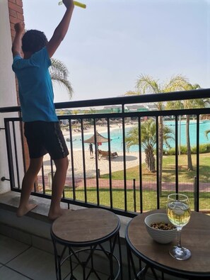View of the crystal lagoon from balcony of the apartment. 