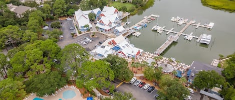 Community pool, marina, Salty Dog, and Villa complex