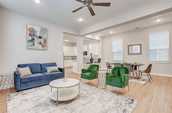 Spacious living room with a sofa bed