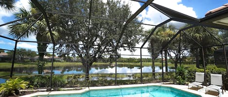 Beautiful lake views, sounds of nature, and private pool with 4 loungers.