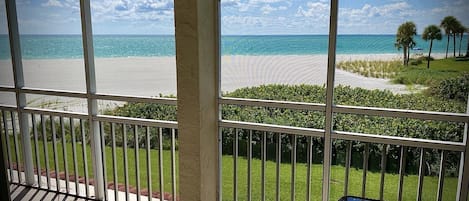 Enjoy a direct beach front view of the gulf from our 25 ft lanai!
