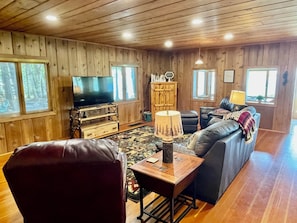 Side view of the rustic lodge style décor in the living room
