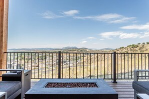 Patio seating and fireplace