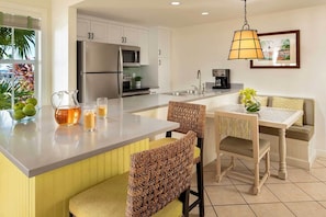 Full kitchen with all that is needed to cook a home cooked meal.