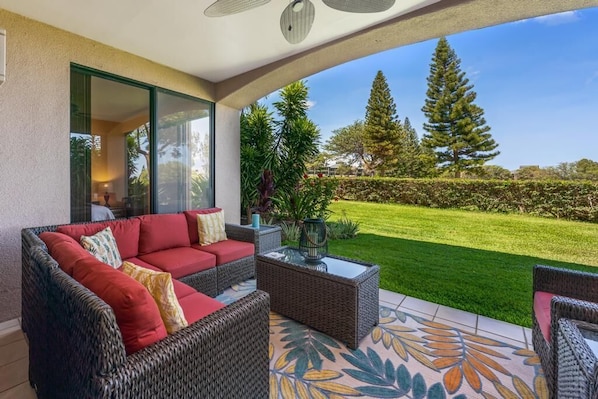 Large lanai with seating and ground floor unit