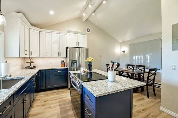 Kitchen is stocked with everything you should need to cook.