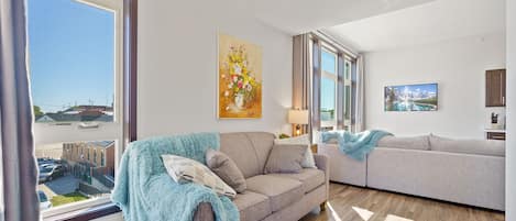 spacious living room with a 55 inch Roku TV, sofa sleeper