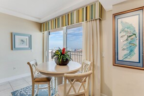 Kitchen looks right out to the ocean and pool, which is just a few steps away