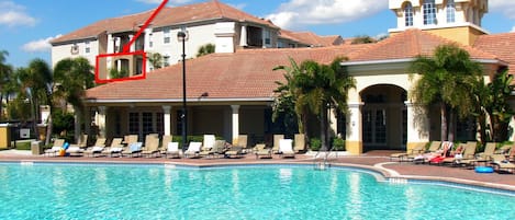 Located directly by the main pool area and clubhouse. With both lake & poolview