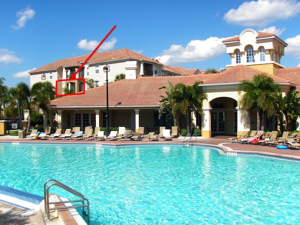 Located directly by the main pool area and clubhouse. With both lake & poolview