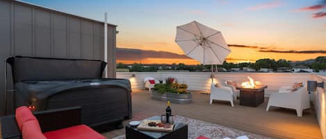 Rooftop Deck | Hot Tub, Fire Pit and Lounge Area with Mountain Views!