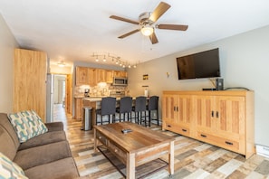 Open concept living and kitchen area.