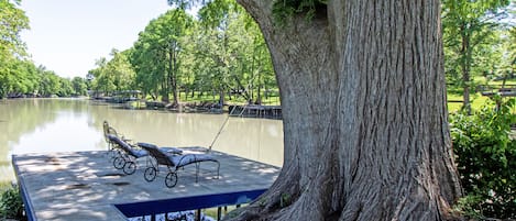 Shady dock is great for fishing. River is low so be careful.