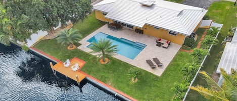 Palm Breeze Waterfront Oasis - Backyard & Canal Aerial View