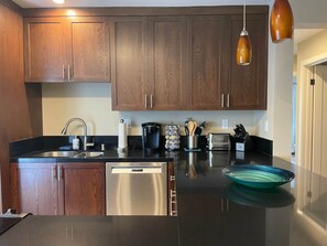 Kitchen area with beautiful countertop and appliances. 