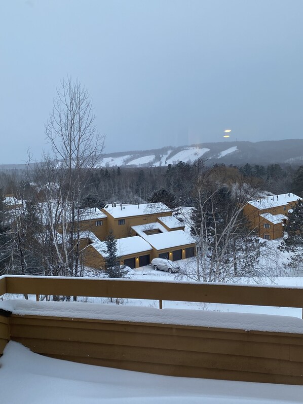 Winter view of ski slopes from balcony 
