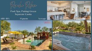 Acreage for spreading out between the main house with 4BDs and separate casita with 2BDs and full bathroom. Enjoy the pool, above ground spa and putting green on property.