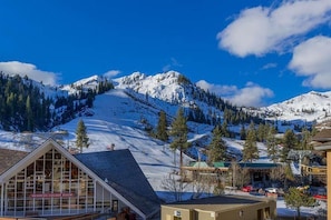 View from your balcony, Funitel just out of frame to right, Squaw Kid's Ski-School and Child center just steps out the door