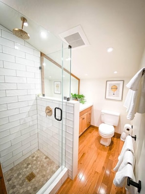 Luxurious renovated bathroom in upstairs bedroom with rain shower and full length counter and mirror. 