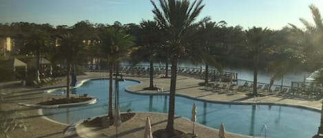 Resort pool at sunset
