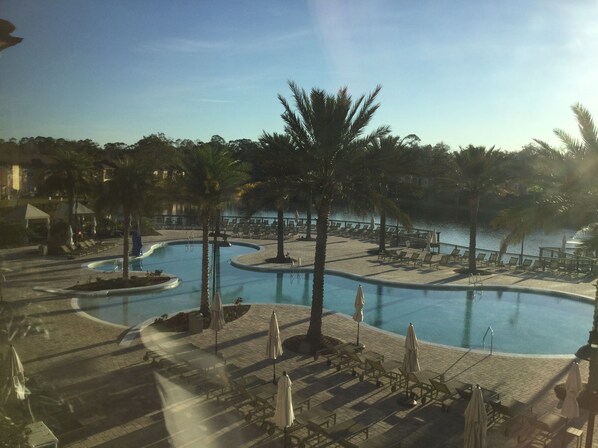 Resort pool at sunset