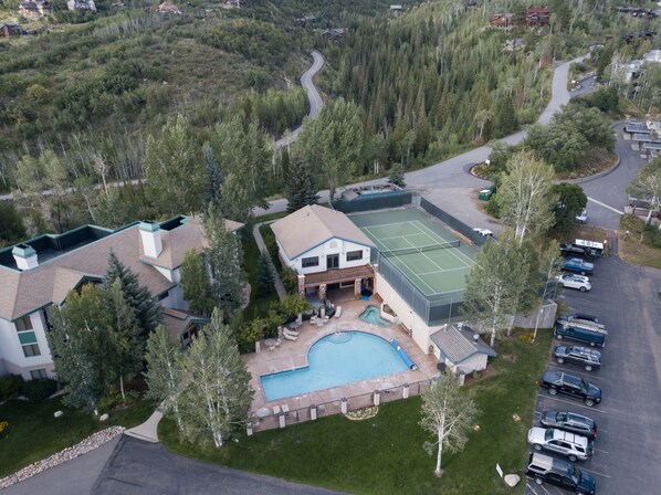 Ariel View, Pool, Hot Tub, & Tennis Court