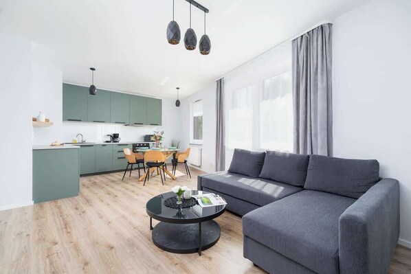 The living area features a sleek coffee table and a flat-screen television.