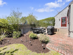 Back Patio - photo in spring - very private in summer with hedges in bloom