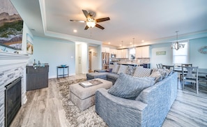 Open-concept living area with cozy sectional seating