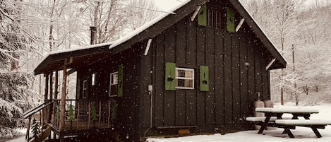 Front of cabin in the winter
