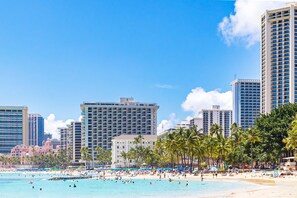 Scenic view of high-rise buildings near the beach, framed by lush palm trees and a bright, clear sky.
