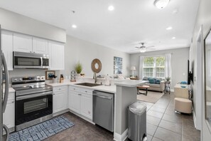 The condo is an open-concept layout so that everyone is able to enjoy their time together whether they are on dinner duty or relaxing in the family ro