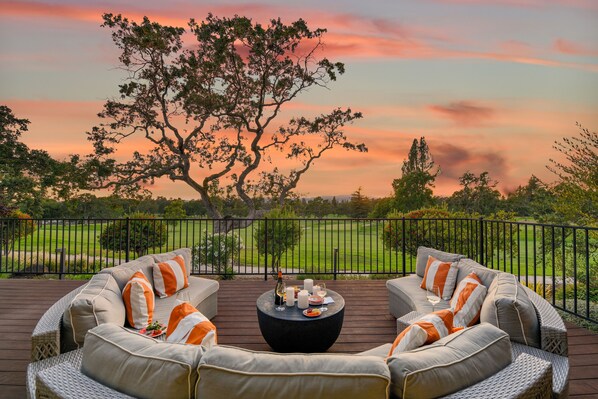 Circular sofa for evening sunsets, watching birds and golfers,  and star gazing.