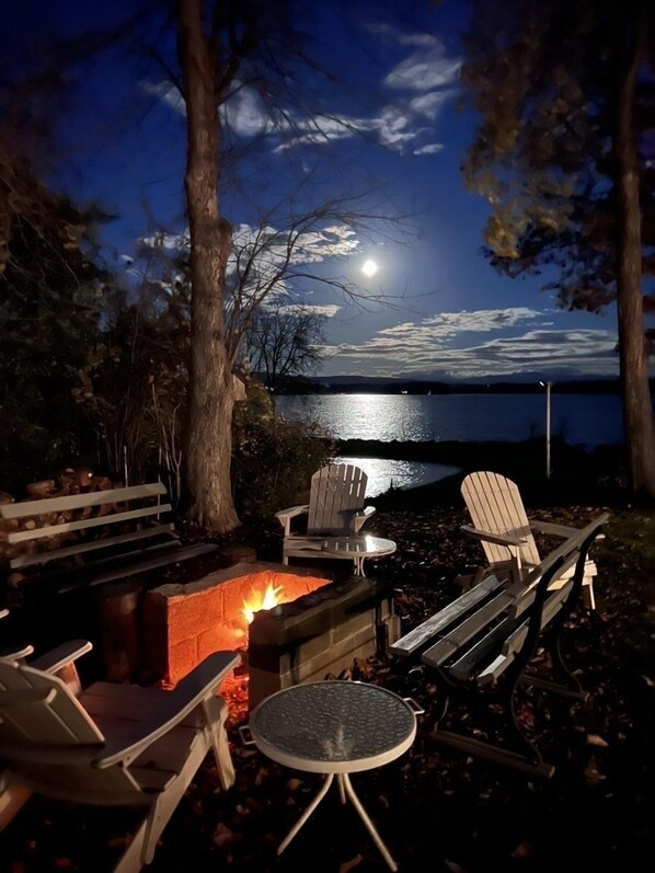 Fire pit with amazing views of the moon reflecting off Lake Champlain