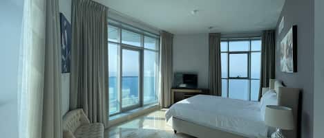 Master bedroom with full sea view from all windows and full blackout curtains.