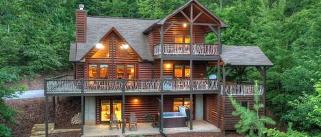 3-story Log Finished Deck with Hot Tub, Firepit, and Secluded Scenery.