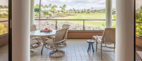 Lanai has lovely views of Mauna Kea, Mauna Loa, and Hualalai!