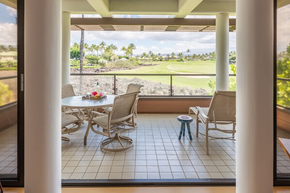 Lanai has lovely views of Mauna Kea, Mauna Loa, and Hualalai!