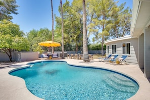Backyard | Private Pool & Hot Tub | Dining & Lounge Areas