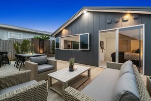 Deck with outdoor living & dining.