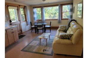 Living room with sleeper couch, kitchen area