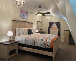 Upstair Kingbed dresser mirror chest 2nightstands windows scenic hillview sunset