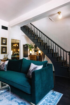 Formal Living Room and Front Entry decked out in velvet and silk