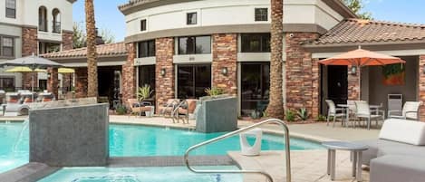 Pool, jacuzzi hot tub, and cabana seating  awaits! Pool access where allowed by season and weather!
