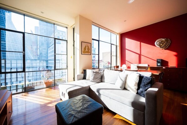 Get plenty of sun throughout the day from the spacious, full-glass living room.