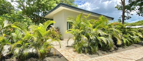 Lobos One Casita surrounded by greenery. Image taken from driveway.