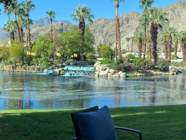Lake, waterfall, and mountain views from both floors including bedrooms